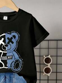 两件套时尚舒适的男童小熊图案T恤和牛仔短裤，男童套装，适合春夏穿着，百搭日常穿搭、拍照、情人节礼物 - 彩色 - 查看 5