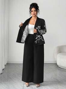 Elenzga New Season Long Sleeve Blazer Collar Cinched Waist Printed Jacket & Extended Pants Suit Set, Suitable For Daily Office Occasions And Holiday Events - Black - View 8