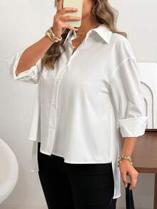 Vionelle Plus Size Woven Shirt Collar Long Sleeve Open Front Casual Blouse - White - View 4