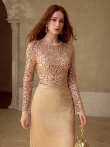 MOTF PREMIUM SEQUIN EMBROIDERED FASHIONABLE BASIC KNIT T-SHIRT - Gold - View 4
