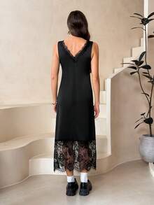 SHEIN Tall Women's Mid-Length Dress With V-Neck Lace Panel - Black - View 3