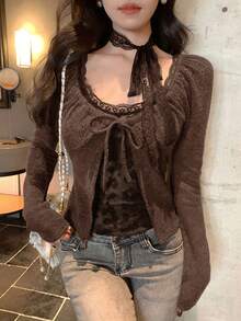 DAZY 女士蕾丝拼接系带长袖T恤，秋冬款 - 咖啡棕 - 查看 2