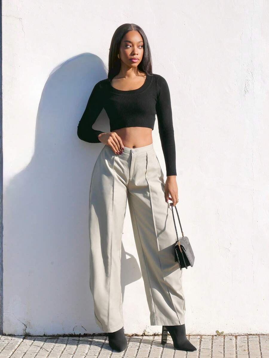 Yess Loren 中腰宽松百褶套装长裤，仅限可爱约会之夜外出秋季秋季圣诞夜外出工作返校干净利落冬季派对 - 灰色 - 查看 1