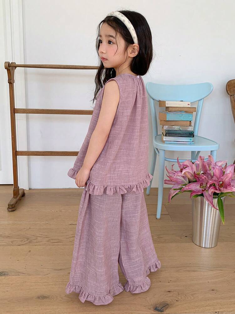 2pcs Young Girls Lace Patchwork Korean Style Sleeveless Shirt And Leggings Set