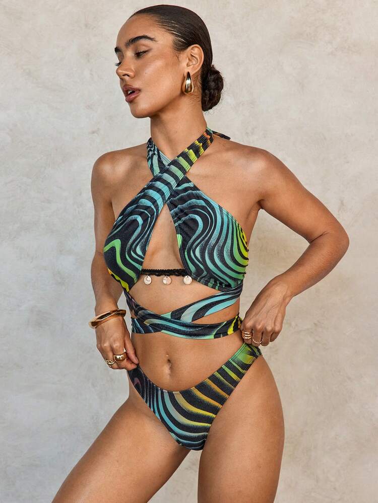 SHEIN Swim Basics Women's Extremely Sexy Ombre Animal Print Wrap Bikini Set - Multicolor - View 3