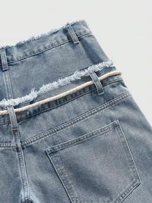 ROMWE MEN Street Life Quần short denim dáng rộng dành cho nam có cạp chun đính kim cương lấp lánh - Màu xanh nhạt - Xem 5