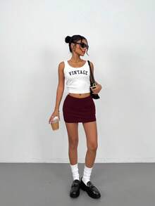 SHEIN PETITE 女士纯色修身休闲百搭半身裙 - 酒紅色 - 查看 3
