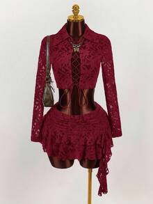 Amplova Áo kiểu cổ điển chất liệu voan mỏng, buộc dây phía trước, thích hợp cho các lễ hội âm nhạc và tiệc tùng. - Màu Đỏ Sâu - Xem 5