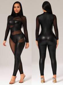 Radiana 极致性感休闲黑色网纱与PU皮革拼接透视镂空连体裤，不对称拼接修身款，妩媚大胆，适合夜店/派对/聚会/音乐节等场合穿着 - 黑色 - 查看 8