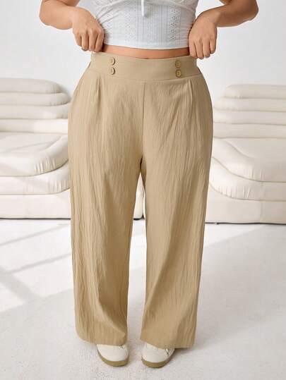 Solflare Pantalones anchos casuales de talla grande para mujer con diseño de botón en la cintura y unicolor