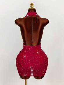 Amplova Đầm dự tiệc ôm sát không tay, hở lưng, đính đá lấp lánh - Đỏ - Xem 2