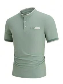 Calvornis 男士鼠尾草綠夏季休閒工作短袖 Polo 衫，立領日常休閒通勤，老錢風父親/男友生日禮物，儀式感 - 綠色 - 查看 4