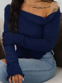 SAYEHFBABY Grunge Asymmetrical Neck Rib-Knit Tee,Fall Women Going Out Tops - Navy Blue - View 3