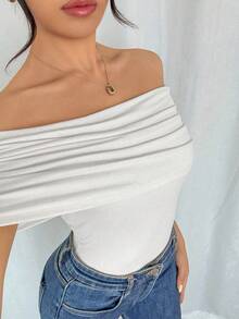 Rafferiza Women's Elegant Off Shoulder Ruched Hem Bodysuit, Slim Fit, Summer