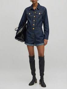 Maija 2026 Spring Dark Blue Denim Jumpsuit Raw Denim Shirt-Style Jumpsuit With Gold Buttons Classic Denim Outfits - Dark Wash - View 6