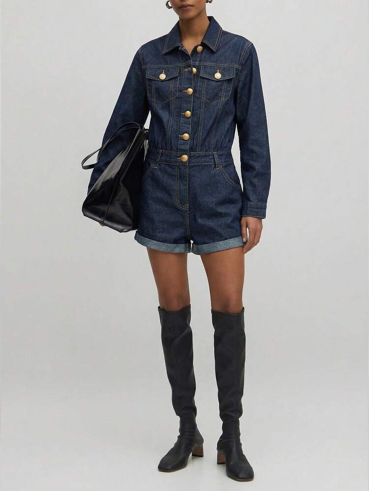SHEIN Maija 2026 Spring Dark Blue Denim Jumpsuit Raw Denim Shirt-Style Jumpsuit With Gold Buttons Classic Denim Outfits