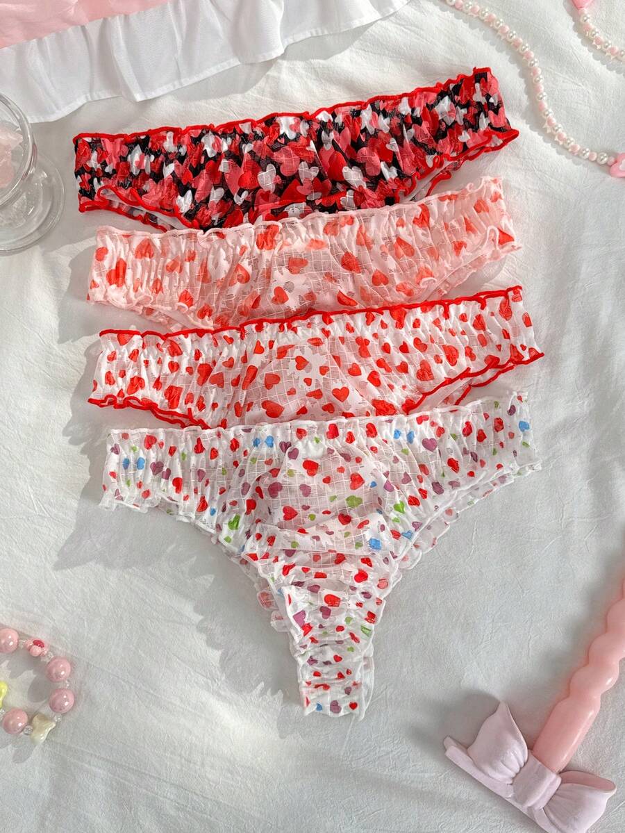 PetitDoll 4pcs/Set Cute Pink Heart Print Bow Trim Panties For Teenage Girls - Multicolor - View 1