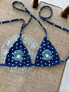 Swim Mod Navy Blue Polka Dot Pearl Shell Sexy Beach Bikini Top - Multicolor - View 4