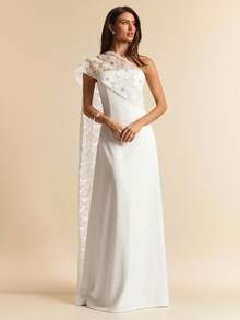 SHEIN BAE 白色提花披肩领连衣裙，优雅无肩带长裙，适合外出、派对、约会、情人节、下午茶、早午餐、正式场合。 - 白色 - 查看 3