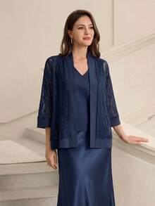Miaspire This Elegant Two-Piece Women's Set Features A Deep Navy Blue Base, With The Combination Of Lace Texture And Matte Fabric Exuding A Touch Of Understated Luxury. The Floral Pattern Is A Delicate, Subtle Lace Design, Revealing A Gentle And Refined Temperament In Its Understated Details. The Silhouette Consists Of A Loose-Fitting Lace Cardigan And A Fitted V-Neck Vest. The Lightweight Fabric Is Versatile Enough For Various Occasions, And The Layering Design Balances Warmth And Style.Suitable For Spring And Autumn, And Suitable For Commuting, Casual Gatherings, Or Relaxing Afternoon Tea, This Set Conveys A Composed Style With Its Navy Blue Base And Showcases Elegant Fashion Sense With Its Lace Details. It's A Versatile And Stylish Choice For Any Two-Season Wardrobe. - Navy Blue - View 7