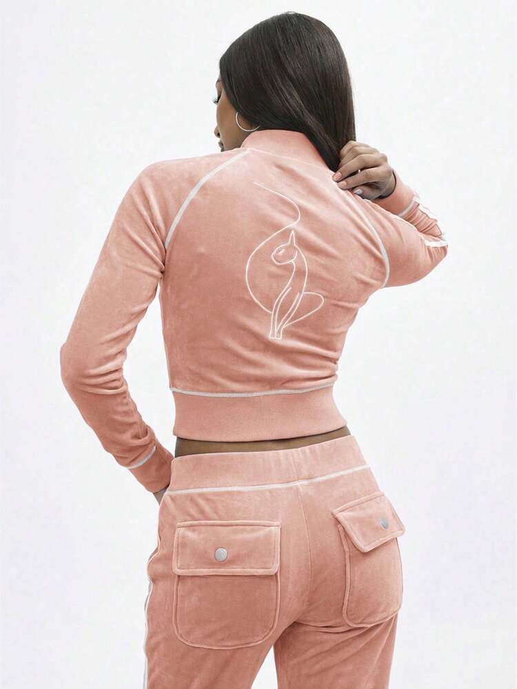 BABYPHAT Retro Velour Zip Up Sweatshirt With White Contrast Piping Details And Long Sleeves For Casual Comfort Jogger Sets For Women 2 Piece Lounge Set Long Sleeve Two Piece Set 2 Piece Casual Sets Woman