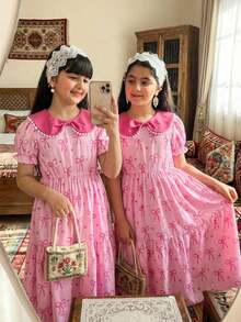 Girls' Peter Pan Collar Elastic Puff Sleeve Short Sleeve Dress, Cinched Waist, Cute & Sweet, Digital Print Mid-Length Children Dress, Princess Dress - Pink - View 1