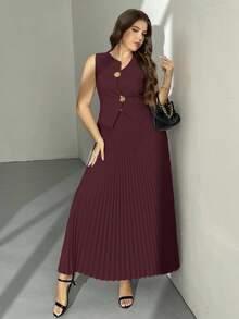 Firerie 大码女式金属单排扣马甲和百褶中长裙优雅两件套 - 酒紅色 - 查看 4