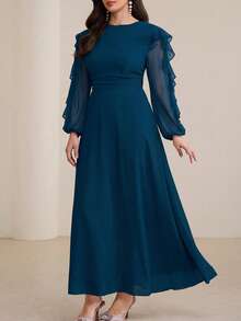 Modelyn Long Round Neck Ruffle Sleeve Black Dress - Blue - View 6