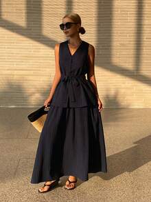 DAZY Bộ đồ nữ thường ngày gồm áo không tay và quần dài màu trơn, thích hợp cho mùa hè. - Màu xanh hải quân - Xem 5