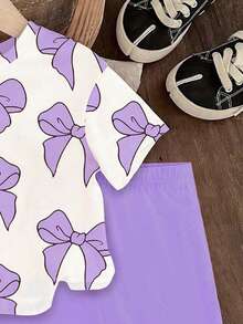 SHEIN 一套女婴可爱蝴蝶结印花圆领短袖T恤和紫色打底短裤休闲套装，夏季 - 彩色 - 查看 5