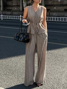 DAZY Women's Casual Striped Sleeveless Shirt And Pants Suit, Summer - Brown - View 1