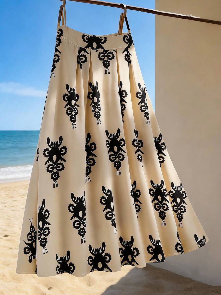 Franclia Women's Casual Vacation Beach Pleated Allover Print Skirt, Summer - Apricot - View 1