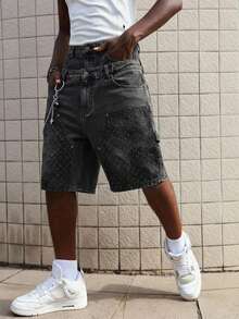 ROMWE MEN Street Life Men's Casual Double-Layer Waistband Denim Shorts - Black - View 3