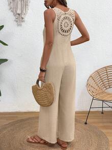 SHEIN Holidaya 女士休闲度假舒适外套，亚麻花卉拼接宽松阔腿连体裤，春夏款 - 杏色 - 查看 2