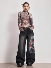 ROMWE Avant 女士 Y2K 千禧复古玫瑰骷髅纹身图腾网纱印花上衣 - 彩色 - 查看 7