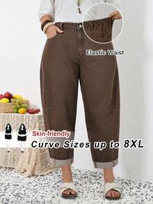 SHEIN CURVE+ 大码休闲水洗高腰锥形牛仔裤，春夏情人节嘉年华服装通勤度假毕业时尚Y2K可爱街头风派对婚礼优雅商务休闲女装大码棕色牛仔裤，松紧腰舒适宽松牛仔裤 - 棕色 - 查看 8