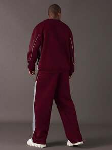 STYNVO Men's Letter Embroidery Graphic Crew Neck Long Sleeve Sweatshirt And Pocket Sweatpants Casual Outfit, Suitable For Autumn/Winter Outings - Burgundy - View 2