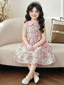 SHEIN Young Girl Ditsy Floral Peter Pan Collar Side Waist Bow Decor Sleeveless Cute Dress - Multicolor - View 2