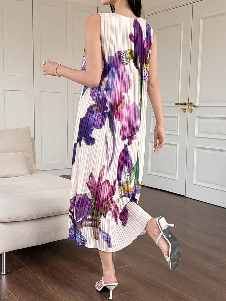 Women's Elegant Floral Pleated Sleeveless Straight Midi Dress, Summer Wedding Guest Dress Sundress