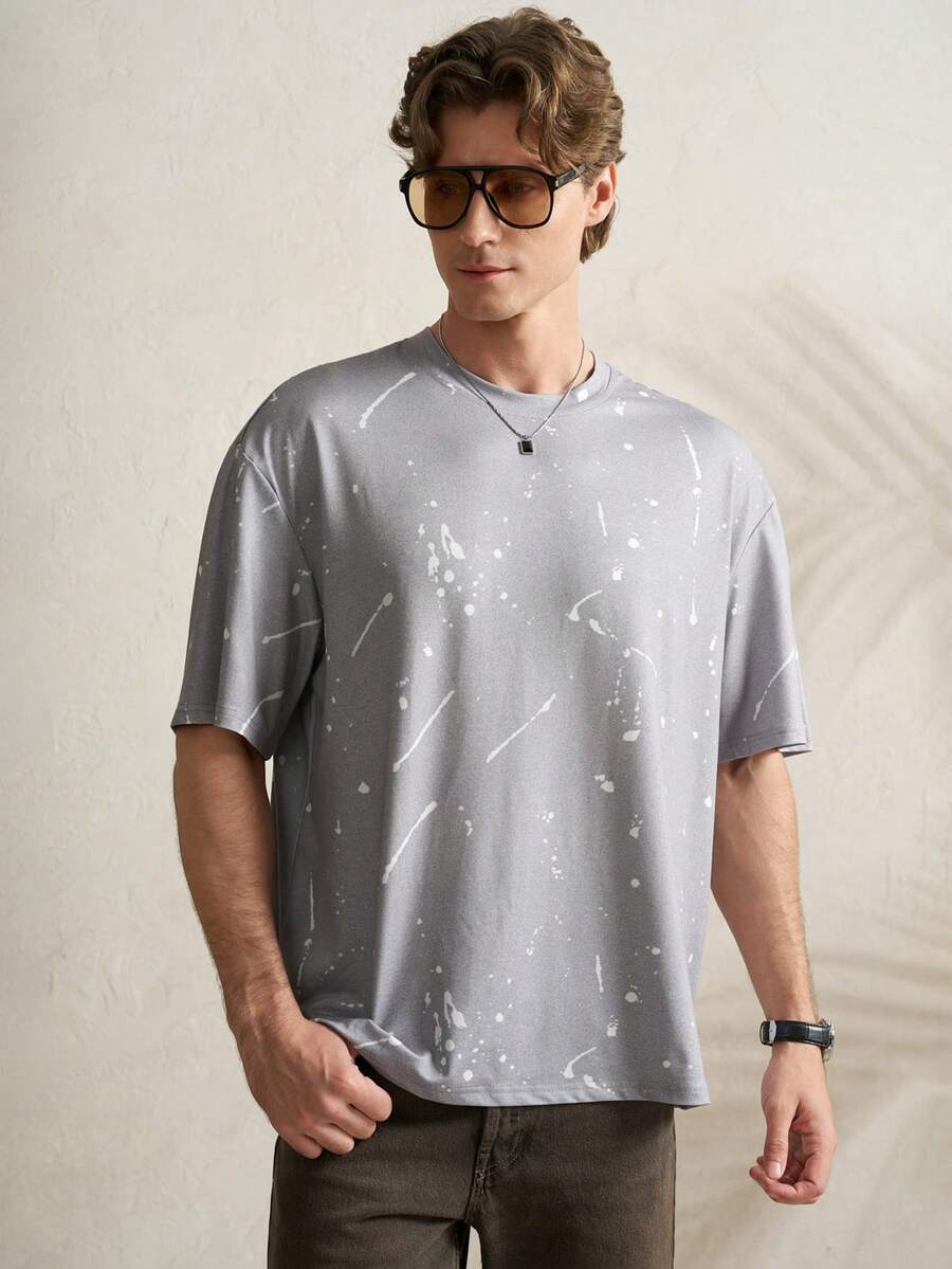 Manfinity Dauomo Men's Splatter Print Round Neck Short Sleeve Casual Versatile T-Shirt - Grey - View 1