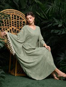 Al Najma Women's Green Woven Cutout Floral Long Sleeve Tassel Sequin Lace-Up Elegant Turkish & Arabic Traditional Long Cardigan, Spring/Summer - Green - View 4