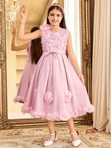 SHEIN Tween Girl Fashionable Elegant Sleeveless Round Neck Light Pink Dress, Summer Wedding Girls 3d Flowers Dress With Ruffles, Tween Girl Frocks - Pink - View 5