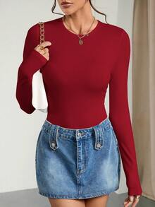SHEIN Tall 2pcs/Set Women Solid Color Knitted Round Neck, Casual, Cozy Chic, Slim And Versatile Long Sleeve Bodysuit - Multicolor - View 7