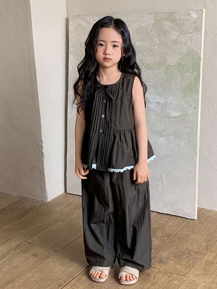 2pcs Young Girls Round Neck Lace Patchwork Ruffle Trim Blouse And Casual Loose Pants Set
