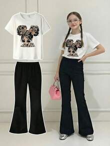 Sparklyn 2pcs/Set Tween Girls Cartoon Character Print Short Sleeve T-Shirt And Bell Bottom Pants Outfit