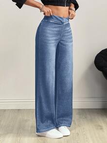 Flexra Women's Knitted V-Shaped Cross Design Elastic Waist Pocket Distressed Denim Jeans - Medium Wash - View 3