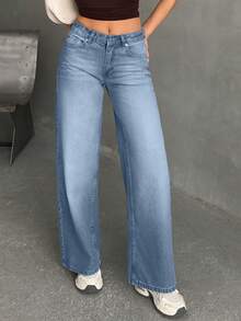 EURMUSE JEANS DE PIERNA ANCHA Y CINTURA MEDIA PARA MUJER - Celeste - Ver 3
