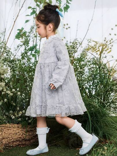 DAZY Young Girls Grey-Blue Embroidered Dress Spring