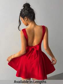 SHEIN Tall CURVE 大码女式纯色方领收腰无袖优雅连衣裙 - 紅色 - 查看 7