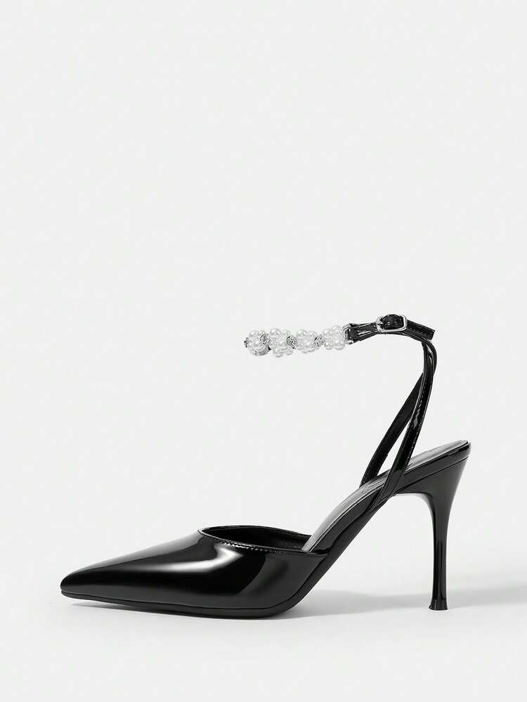 CUCCOO HITCHD Women Shoes Women's Pointed Thin Heel Black Pearl Women's High Heel Shoes Ankle Strap Slingback Shoes Fashion Sexy Party Banquet Wedding Fashion Simple High Heel Women's Shoes Elegant Shoes Wedding Shoes